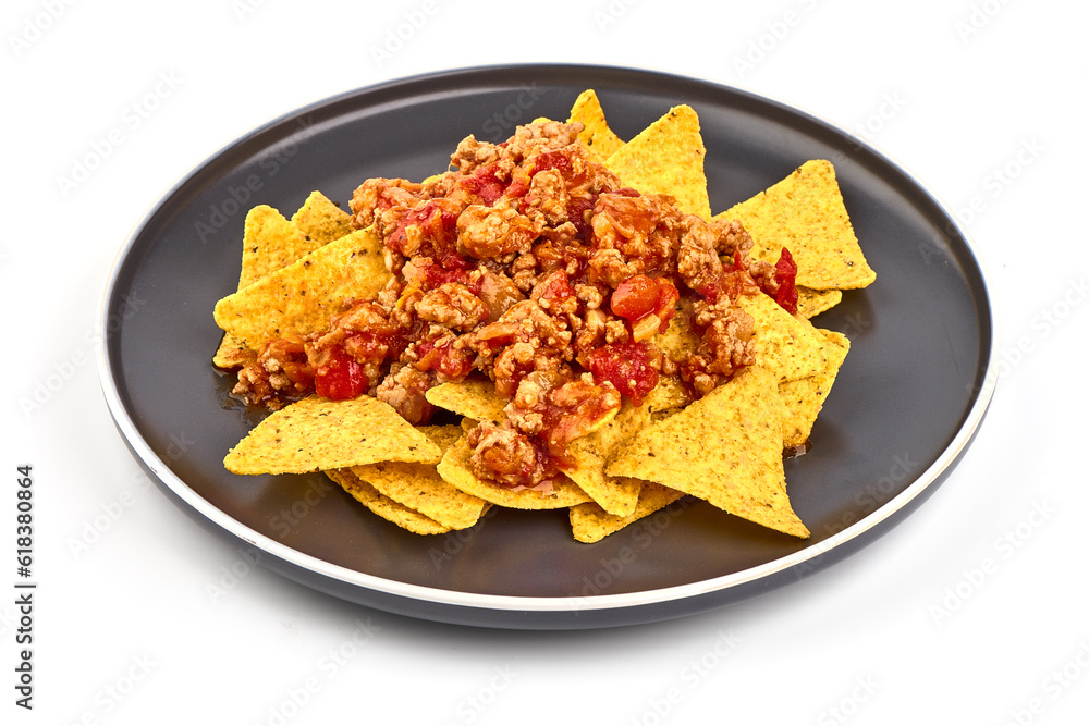 Wall mural Plate of corn chips nachos with fried minced meat and cheese, isolated on white background. - Wall murals