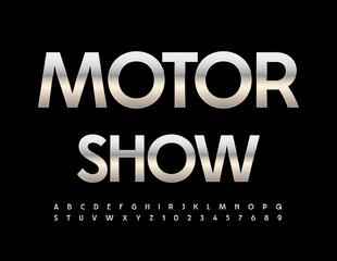 Vector premium Sign Motor Show. Modern Silver Font. Metallic Alphabet Letters and Numbers set