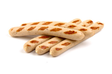 Barbecued white chicken sausages, isolated on white background.