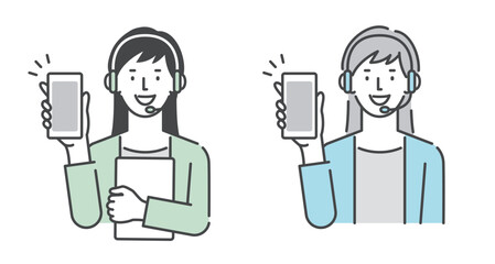 スマートフォンの画面を見せるコールセンターの女性