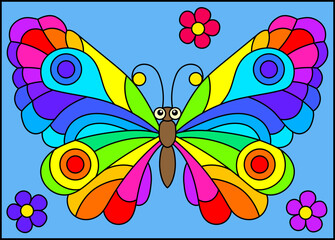Obraz premium Illustration in stained glass style with a bright rainbow butterfly on a blue background, rectangular image