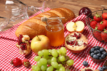 Composition with tasty food for picnic on wooden background, closeup