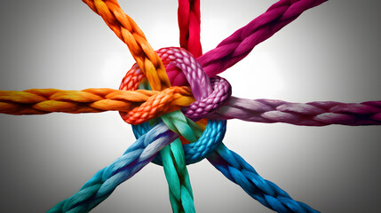 Collective Effort Integration and Unity with teamwork concept as a business metaphor for joining a partnership synergy and cohesion as diverse ropes connected together in interdependence. - obrazy, fototapety, plakaty