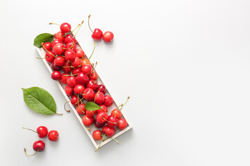 Tray with sweet cherries on white background