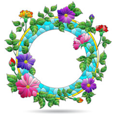 Illustrations in stained glass style with flower wreath, flower frame isolated on a white background