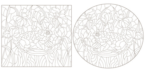 A set of contour illustrations in the style of stained glass with toads and iris flowers, dark contours on a white background