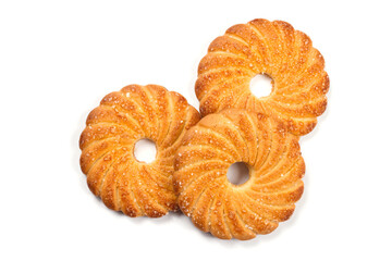 Three round biscuits on a white background. Sweet biscuits isolated on a white background.