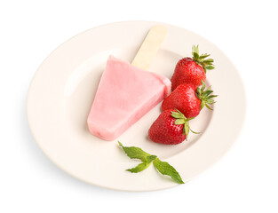 Plate with sweet strawberry ice-cream popsicle on white background