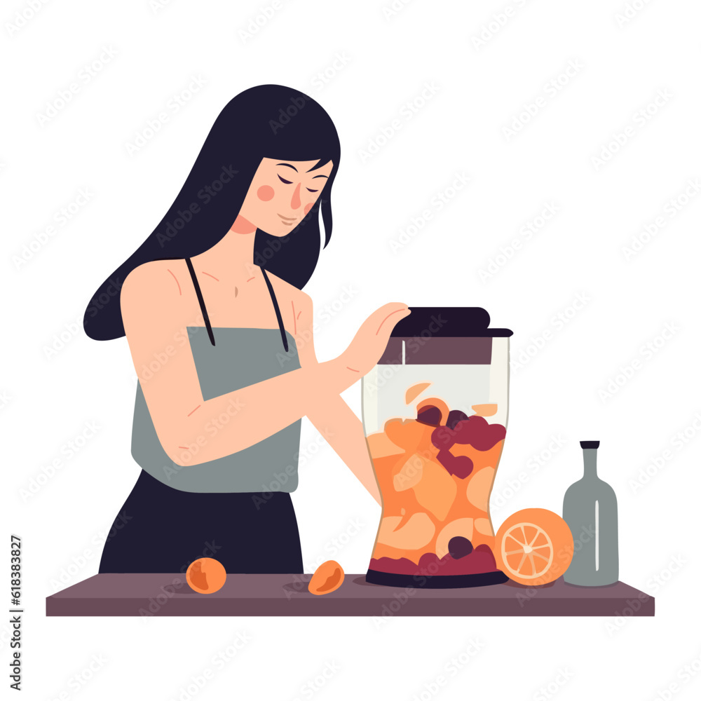 Wall mural woman preparing fruits mix in a blender