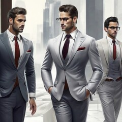 En la imagen o boceto, se puede observar a dos empresarios vestidos elegantemente, de pie frente a un fondo blanco. Ambos hombres, con expresiones serenas y confiadas, se encuentran en el centro de la - obrazy, fototapety, plakaty