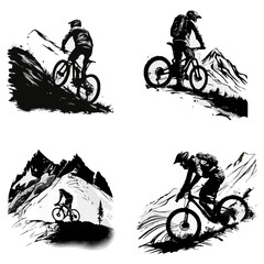 Black and white drawing of sportsmen on mountain bikes on a white background. For your design