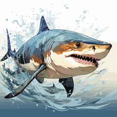 Drawing of a huge shark in waves and splashes of water. For your design