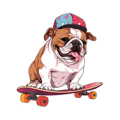 Funny and cute bulldog in a baseball cap and on a skateboard on a white background