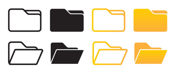 Folder icon vector set. Desktop black and yellow folder icon. Office document folder vector symbol. Empty file thin line sign. Archives files pictogram set. - obrazy, fototapety, plakaty