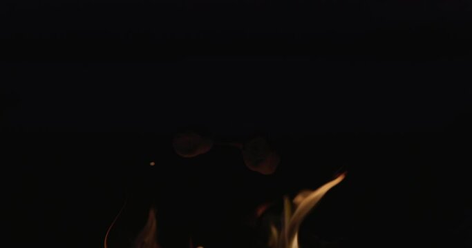 Cooking marshmallows on an open fire at night - close up on marshmallows in flames