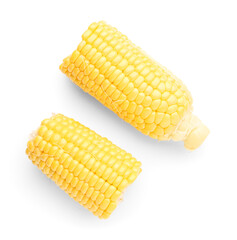 Cut fresh corn cobs on white background