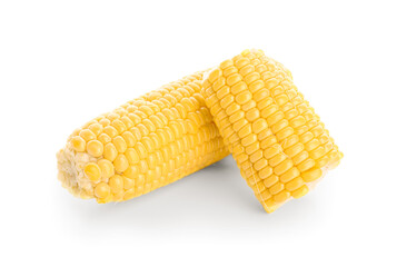 Fresh corn cobs on white background