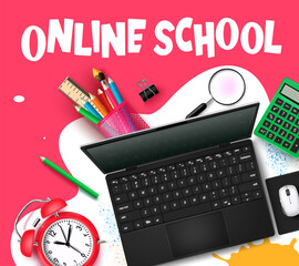 Online school vector design. School online text with laptop, computer and students elements for e learning college course. Vector illustration distance learning concept.