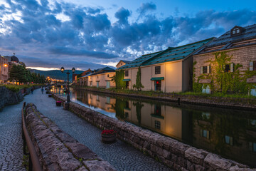 Fototapeta na wymiar night scene of the Canal at Otaru port town in Hokkaido, Japan