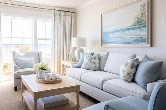 Elegant and comfortable coastal cottage interior created using generative AI tools