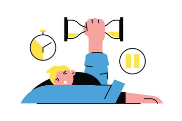 Man organizing and managing time. Young man holding hourglass, planning time when doing different tasks. Process of managing schedule. Vector flat illustration in blue and yellow colors