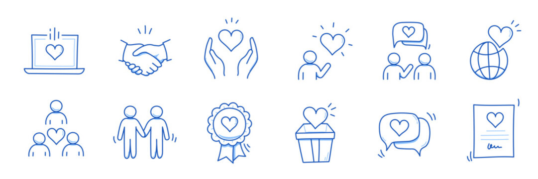Charity hand, trust community doodle line icon. Charity community, partnership, people solidarity concept icon set. Hand drawn doodle sketch style line. Vector illustration