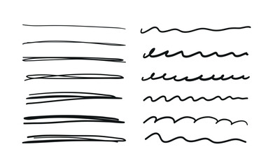 Set of scribble elements for design, decoration. Pen underlining, pencil outline collection, straight and wavy doodle line hand drawing. Vector illustration isolated on white.
