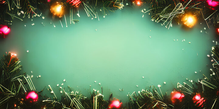 christmas background, with branches and glowing garlands, flatley, empty space for dough. Generative ai