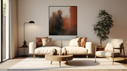 Stylish Living Room Interior with an Abstract Frame Poster, Modern Interior Design, 3D Render, 3D Illustration