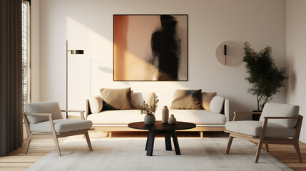 Stylish Living Room Interior with an Abstract Frame Poster, Modern Interior Design, 3D Render, 3D Illustration