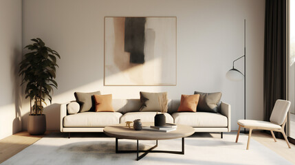 Stylish Living Room Interior with an Abstract Frame Poster, Modern Interior Design, 3D Render, 3D Illustration