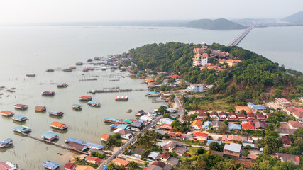 Aerial cityscape of Ko Yo island, Songkhla at sunset light.