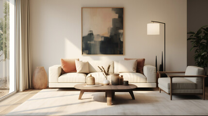 Stylish Living Room Interior with an Abstract Frame Poster, Modern Interior Design, 3D Render, 3D Illustration