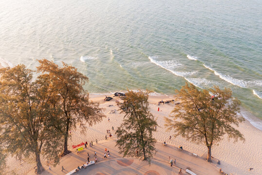Aerial top view of Samila beach at songkhla, Thailand.