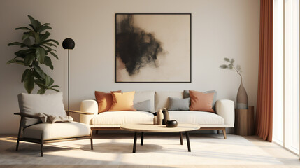 Stylish Living Room Interior with an Abstract Frame Poster, Modern Interior Design, 3D Render, 3D Illustration