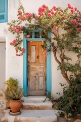 Fototapeta na wymiar villa, house with a blue door and yellow color, in the style of light pink and light indigo, greek art and architecture, canvas print, wall art, wall design, AI generated, 