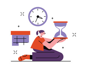 Lady sitting on floor and holding hourglasses, managing time successfully. Concept of productivity and efficiency in business. Process of managing schedule. Vector flat illustration