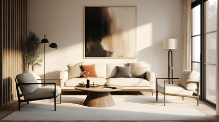 Stylish Living Room Interior with an Abstract Frame Poster, Modern Interior Design, 3D Render, 3D Illustration