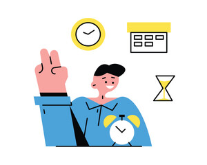 Male standing near clock, organizing and managing time. Worker planning time when doing different tasks. Process of managing schedule. Vector flat illustration in blue and yellow colors