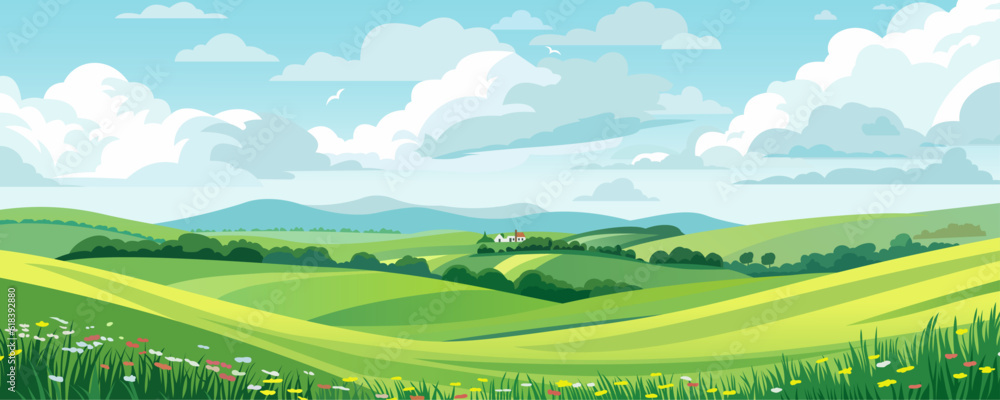 Wall mural beautiful landscape vector illustration of mountains, forests, fields and meadows. stunning panorami - Wall murals