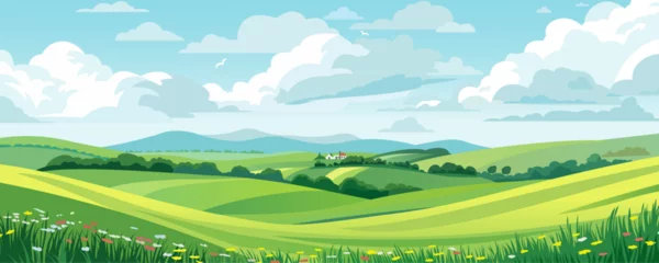  Beautiful landscape vector illustration of mountains, forests, fields and meadows. Stunning panoramic farm landscape with mountains in the background. Natural landscape © LoveSan