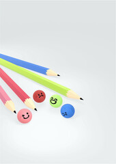 鉛筆と喜怒哀楽のカラフルボール(タテ・背景白)