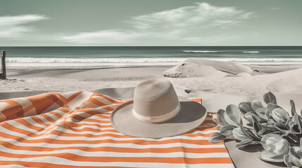 Fototapeta na wymiar Hat and towel on the sand of the beach. Vacation scene with straw hat on the shore line. Generative AI.