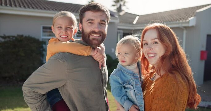 Happy family, parents and children in portrait in yard of new house, smile and security in home. Mother, father and kids in backyard of property together with smile, love and real estate investment.