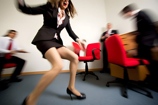 A businesswoman wearing a blazer and high heels, engaging in a friendly game of office chair races with her colleagues. Generative AI