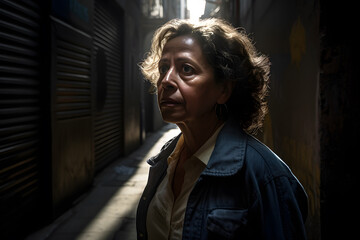 Fototapeta na wymiar A middle-aged Hispanic woman walking through a narrow alleyway, her face lit by a shaft of sunlight, conveying a sense of hope and resilience. Generative AI