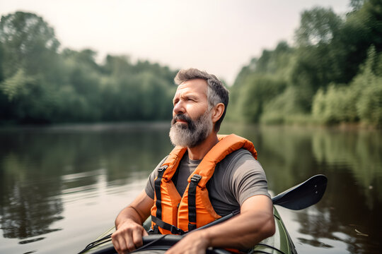 A middle-aged man of Caucasian background enjoying a serene kayak ride on a peaceful lake, immersing himself in nature's beauty and tranquility. Generative AI