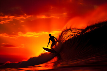 Silhouette of a surfer catching a wave at sunset, against a vibrant sky. Generative AI