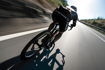 Dramatic wide-angle capture of a professional cyclist speeding downhill, showcasing the speed and skill involved in the sport. Generative AI