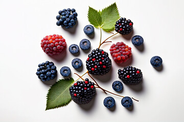Various berries composition with leaves on white background. Juicy berries laying. Generated AI.